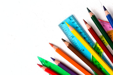 School supplies. Back to school concept on white background Top view Flat lay