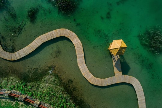 Aerial view on recultivated old flooded quarry in Jaworzno, Silesia, Poland
