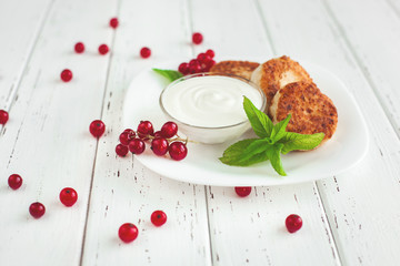 fresh homemade .cheese pancake. Yummy healthy breakfast. low-calorie dessert.