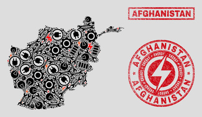 Composition of mosaic power supply Afghanistan map and grunge watermarks. Collage vector Afghanistan map is designed with service and power symbols. Black and red colors used.