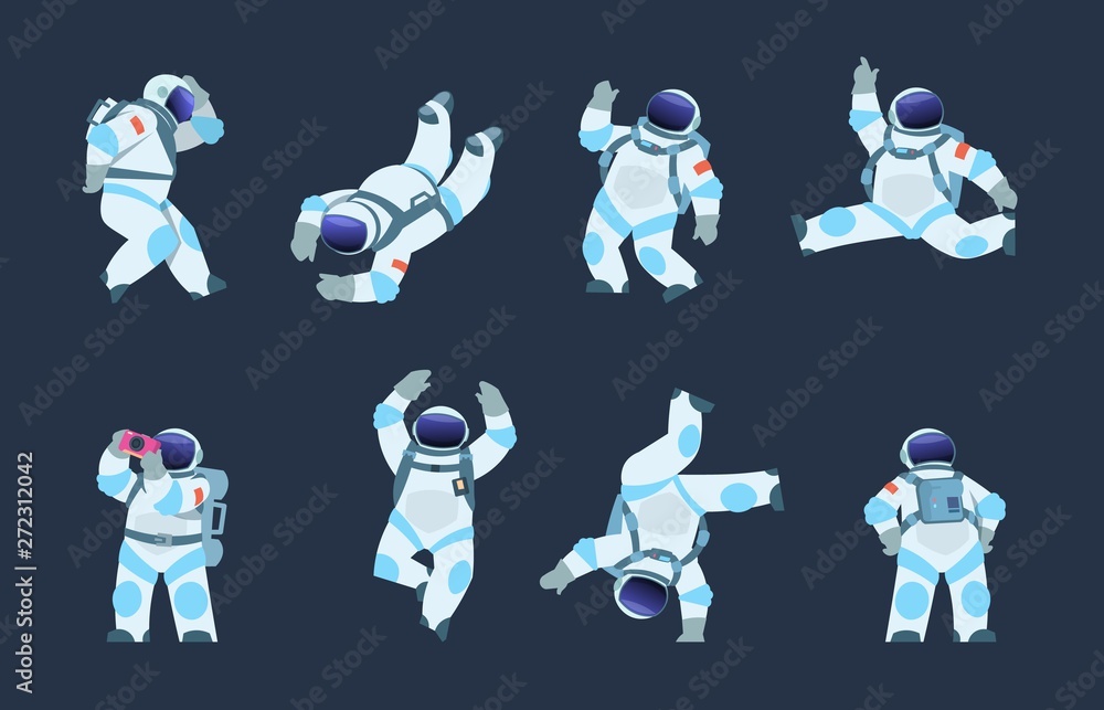 Wall mural cartoon astronaut. dancing party cosmonaut, retro disco spaceman, comic space dancer. vector comics 