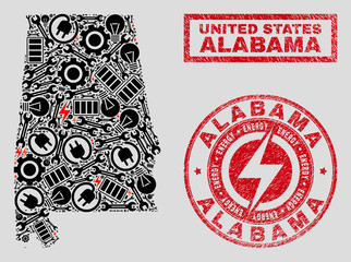 Composition of mosaic electric Alabama State map and grunge watermarks. Mosaic vector Alabama State map is created with workshop and lamp icons. Black and red colors used.