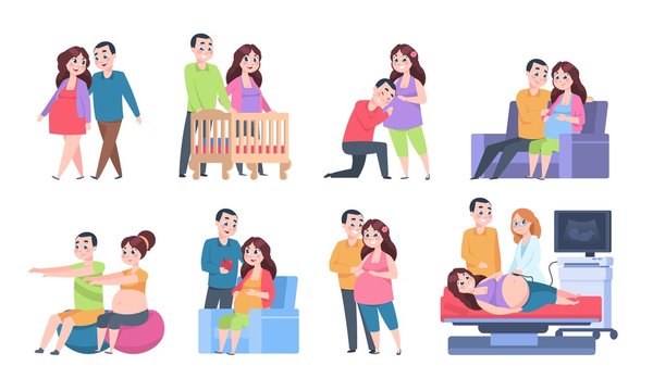 Couple pregnancy characters. Woman and newborn baby activities, young parents set of scenes. Vector pregnant woman and child care illustration visit doctor