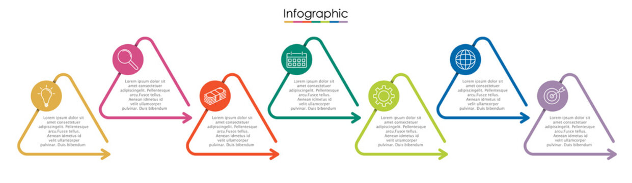 Vector infographic template with seven steps or options. Illustration presentation with thin line elements icons.  Business concept graphic design can be used for web, paper brochure, diagram