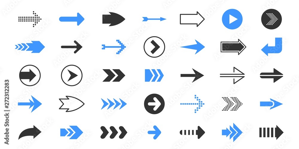 Poster Black arrows. Flat pointer symbols, up and down left right direction symbols, blue and red cursor. Vector navigation arrow signs icon set