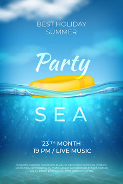 Realistic summer poster. Sea underwater pool party design, ocean beach event banner with waves sky and bottom. Vector summer marine landscape affiche