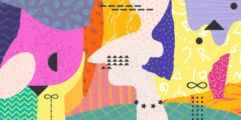 Abstract doodle collage. Minimal memphis background pattern, modern art elements. Vector illustrations contemporary color banner © SpicyTruffel
