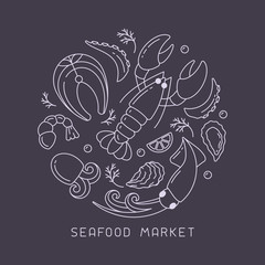 Banner round concept with seafood elements in linear style. Suitable for advertising or cafe menu decoration