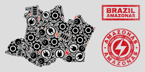 Obraz premium Composition of mosaic power supply Amazonas State map and grunge watermarks. Collage vector Amazonas State map is composed with equipment and electric elements. Black and red colors used.