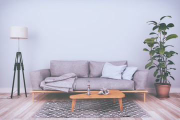 3d Illustation - Skandinavisches, nordisches Wohnzimmer mit einem Sofa und Tisch - Textfreiraum - Platzhalter - Retro Look