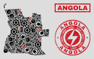 Composition of mosaic power supply Angola map and grunge stamps. Collage vector Angola map is composed with hardware and power icons. Black and red colors used. Concept for power supply services.