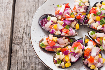 Traditional  Peruvian food background with mussels