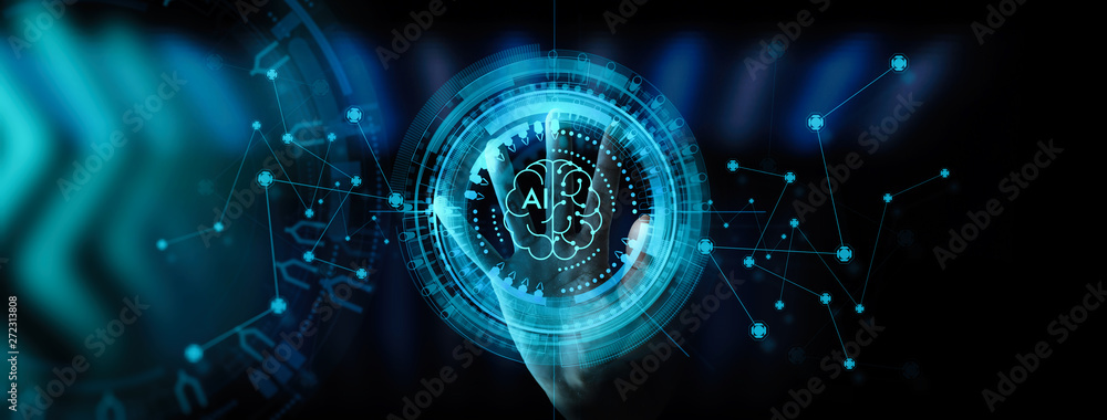 Poster business hand using digital artificial intelligence interface new modern computer.