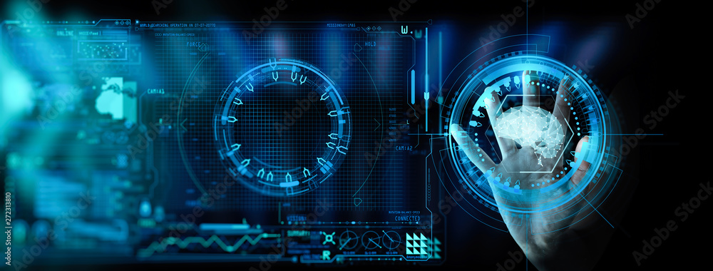 Poster Artificial intelligence (AI) with machine deep learning and data mining and another modern computer technologies UI by hand touching low poly icon.