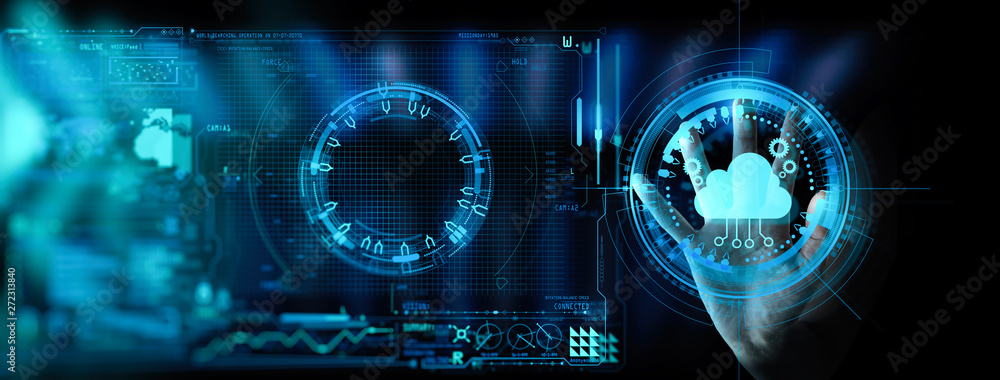Poster Hand pushing icon Ui of Cloud Computing Technology Internet Storage Network Concept