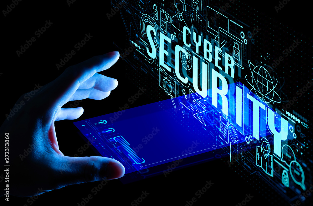 Poster business hand working with smartphone and data protection cyber security privacy business internet t
