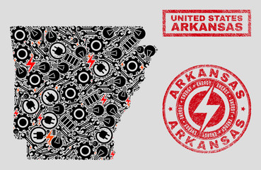 Composition of mosaic power supply Arkansas State map and grunge watermarks. Mosaic vector Arkansas State map is created with gear and electricity elements. Black and red colors used.