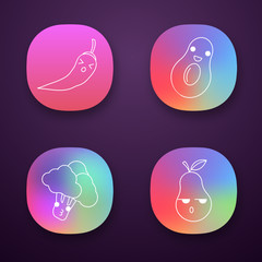 Vegetables and fruits cute kawaii app characters set