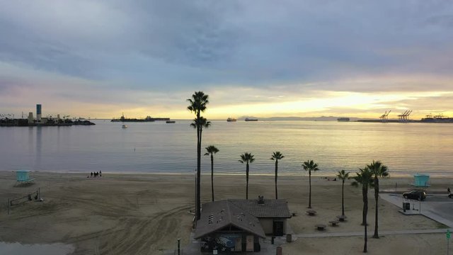 Aerial Forward/Spin Right: Palm Trees And City By Ocean At Sunset - Long Beach, California