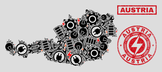 Composition of mosaic power supply Austria map and grunge stamp seals. Mosaic vector Austria map is composed with service and power icons. Black and red colors used. Concept for power supply business.