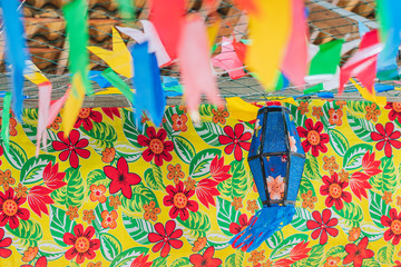 Background of Festa Junina, Sao Joao, with Party small colorful Flags and decorative balloon.
