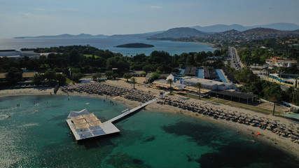 Aerial top view photo of tropical sandy paradise beach with pool facilities in exotic island