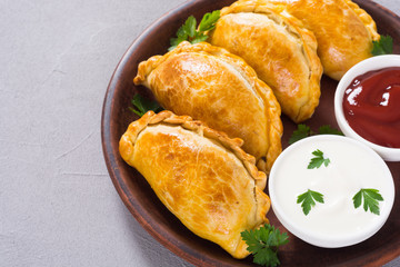 Latin American baked beef empanadas with sauce