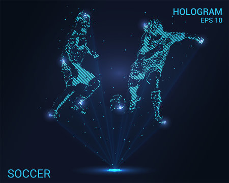 Hologram soccer. Holographic projection of football players fighting for the ball. Flickering energy flux of particles. The scientific design of the sport.