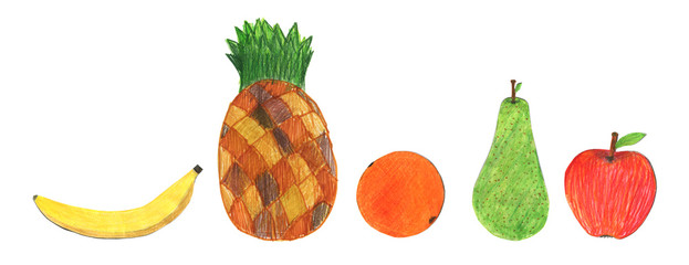 Set of images of fruits: orange, pineapple, banana, apple and pear. Drawing with colored pencils.