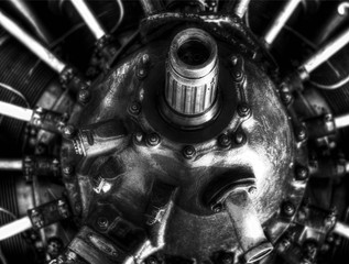 Plakat Black and white airplane engine in detail background