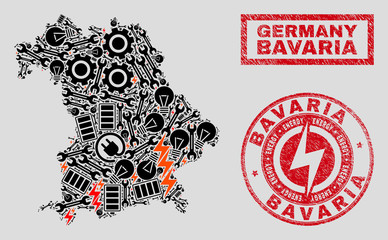 Composition of mosaic electricity Bavaria Land map and grunge seals. Mosaic vector Bavaria Land map is composed with equipment and power elements. Black and red colors used.