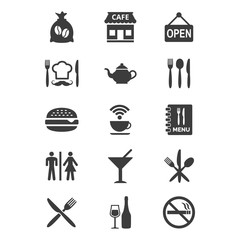 Restaurant and cafe icons set on white background.