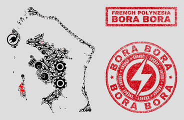 Composition of mosaic power supply Bora-Bora map and grunge watermarks. Collage vector Bora-Bora map is created with tools and power symbols. Black and red colors used. - obrazy, fototapety, plakaty