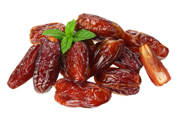 date fruit with green leaf isolated on white background. top view