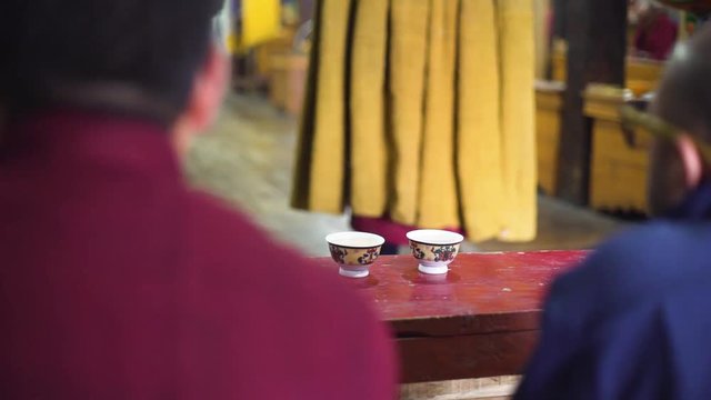 Cropped, close up shot as pouring milk in to a cup, at the Puja, morning Buddhist ceremony at Thiksey monastery, Ladakh, India