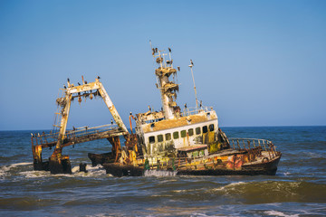 Abandoned shipwreck of the stranded Zeila vessel at the Skeleton Coast, Namibia
