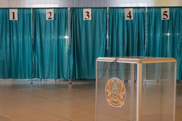 Qazaqstan, June 9, 2019, Elections, voting, Individual booths with numbers in the voting room. Blue...