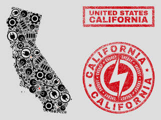 Composition of mosaic power supply California State map and grunge stamps. Mosaic vector California State map is composed with gear and bulb elements. Black and red colors used.