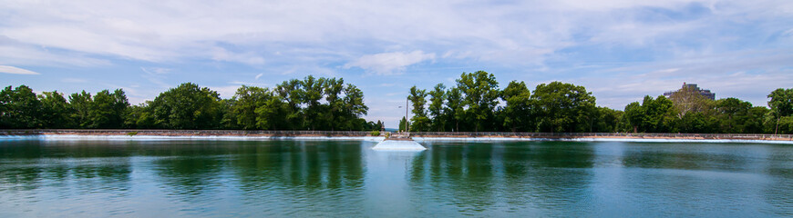 The Highland Park Reservoir in the Highland Park neighborhood of Pittsburgh, Pennsylvania, USA on a sunny spring day