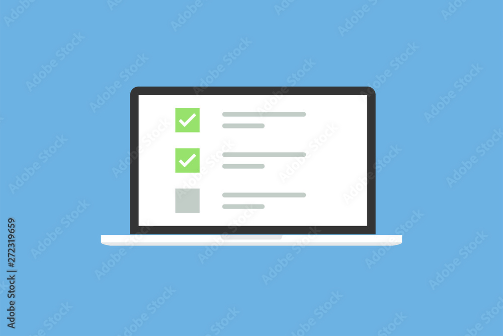 Poster Laptop in trendy flat style with checkbox screen. List with checkbox and marks. Notebook on blue background.
