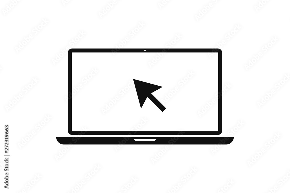 Poster Laptop with pointer or cursor icon isolated. Notebook screen template. Display with clicking mouse.