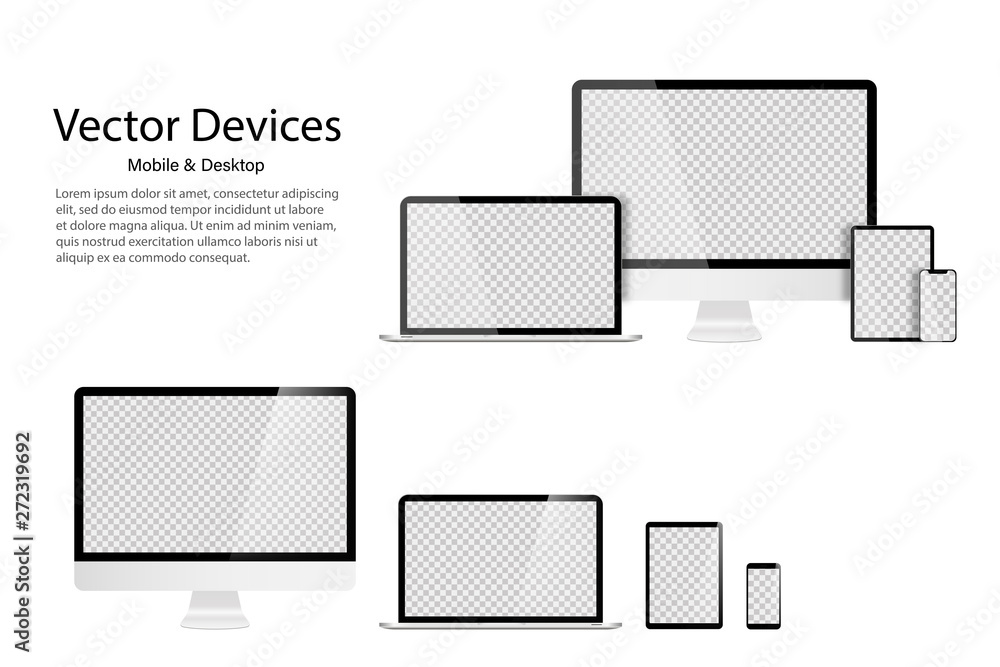 Poster high detailed realistic set of divices monitor laptop tablet and phone. transparent mock up screens.