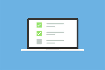 Laptop in trendy flat style with checkbox screen. List with checkbox and marks. Notebook on blue background.