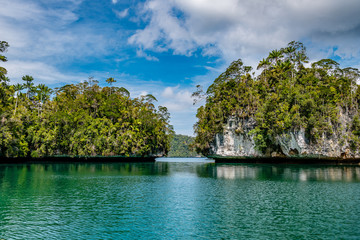 Fototapeta premium Waigeo, Kri, Mushroom Island, group of small islands in shallow blue lagoon water, Raja Ampat, West Papua, Indonesia
