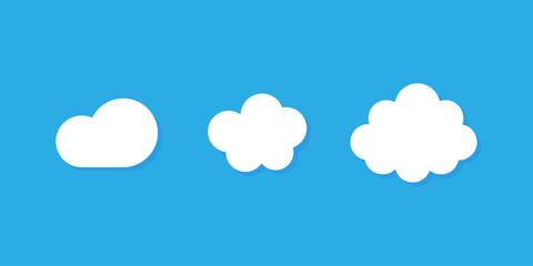 Set of clouds isolated on blue background. Weather signs. White paper stickers. Collection of clouds icon.