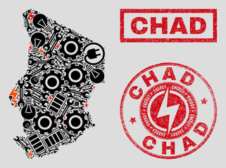 Composition of mosaic power supply Chad map and grunge stamp seals. Mosaic vector Chad map is composed with hardware and innovation icons. Black and red colors used.