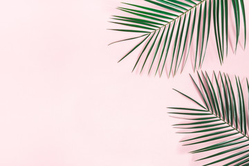 Fototapeta na wymiar Summer composition. Tropical palm leaves on pastel pink background. Summer concept. Flat lay, top view, copy space