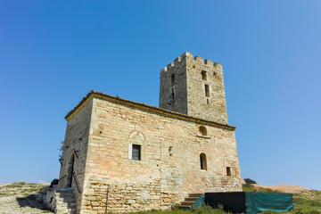 Fototapeta na wymiar Byzantine Tower in town of Nea Fokea, Kassandra, Chalkidiki, Central Macedonia, Greece