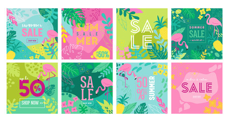 Set of Summer Sale poster with tropic leaves, flowers, flamingoes, advertisement banner and tropical background in modern flat style, flash spring special offer, poster vacation ad, flyer. Vector