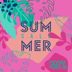 Summer Sale poster with tropic leaves and flowers, advertisement banner and tropical background in modern flat style, flash spring special offer, poster vacation ad, flyer. Vector illustration